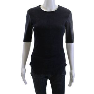 Sharis Place Women Basic Suede Blend Dark Blue Round Neck 3/4 Sleeve Top Size S